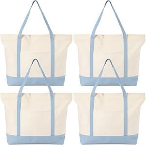 Sunnymove 4 Pcs Large Canvas Tote Bags Bulk with Top Zipper Closure, Reusable Grocery Shopping Bags, Bachelorette Party DIY Gifts (Light Blue)
