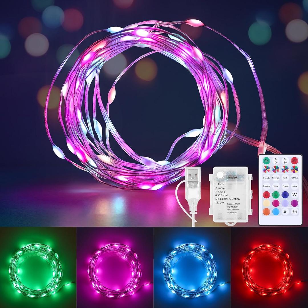 Battery Operated Fairy Lights Color Changing String Light with Remote, 16.4FT 1-Pack Twinkle LED Lights USB Plug or Battery Powered, Outdoor Christmas Decorations for Bedroom Party Indoor