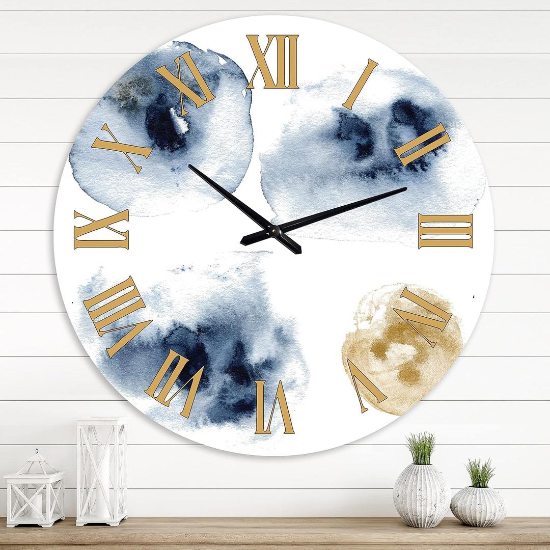 Abstract Dark Blue and Gold Cloud Oversized Modern Metal Wall Clock 36" x 36" Silent Non-Ticking Battery Operated Round Analog Decorative Wall Clock for Living Room, Bedroom & Office Dcor
