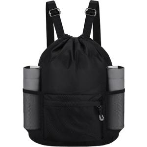 Waterproof Drawstring Bag, Lightweight String Backpack with Water Bottle Holder and Pockets, Gym Sports Cinch Sackpack (Black)