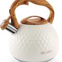 BELANKO 2.7 Quart Tea Kettle for Stovetop - Food Grade Stainless Steel with Diamond Texture, Designer Teapot Look, Cool-Touch Wood Pattern Handle, Whistling Spout - Milk White