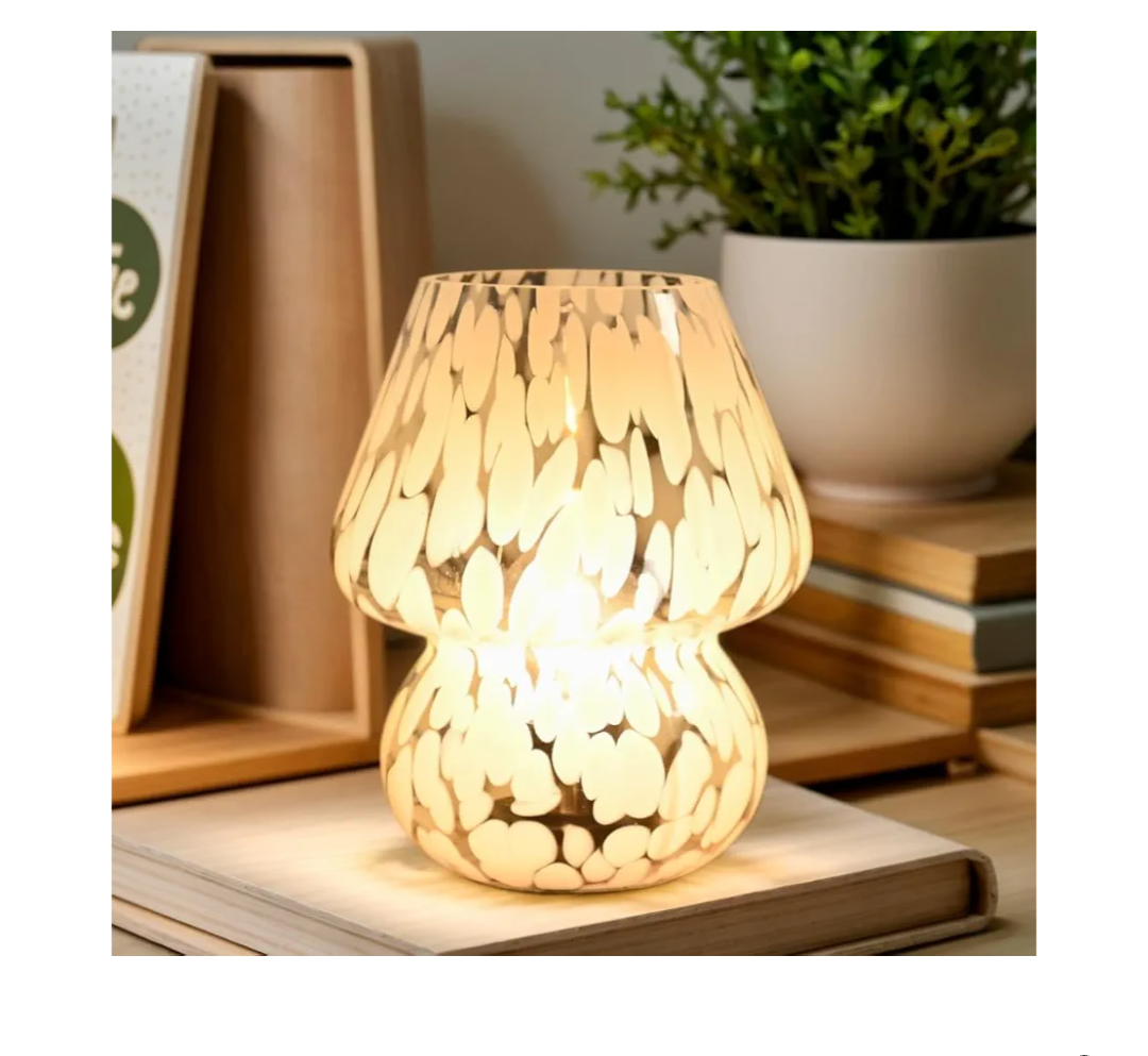 AOMOONOA Mushroom Lamp Small Bedside Table Lamp, Battery Operated Mushroom Desk Lamps with LED Bulb, Translucent Glass White Cordless Lamp for Bedroom Nightstand Living Room