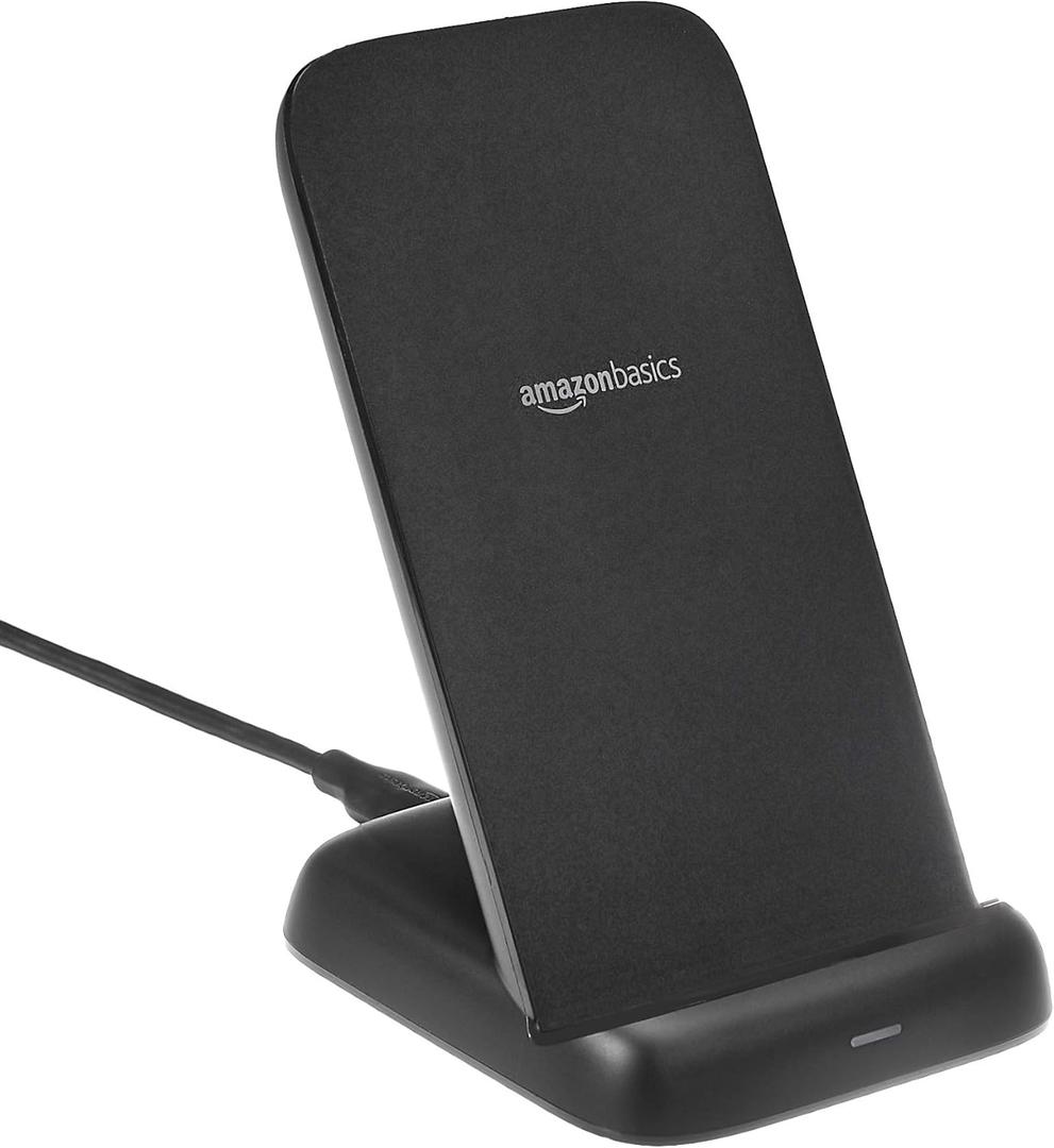 Amazon Basics 10W Qi Certified Wireless Charging Stand, for Phone 16/ 15/ 14/ 13/ 12/ 11/ X, Samsung, and More, with USB Cable (No AC Adapter), Black
