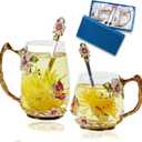 Tea Cup Glass Coffee Mugs,Fancy Tea Cup Set Birthday Christmas Valentine's Day Gift Idea for Tea Lover and Women Novelty Coffee Mugs Rose Flower Enamel Tea Cup Glass Mug with Spoon (Gold)