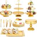 11 Pcs Gold Cake Stand Set for Wedding, Dessert Table Display Set for Birthday, Metal Square Serving Trays for Candy, Cupcake Pop Stand Holder Tower with Round Base for Celebration, The Platters for Party