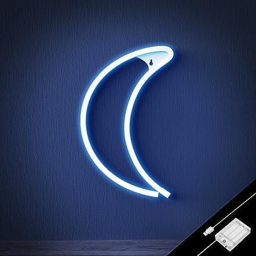 Ganrami Blue Moon Neon Sign, USB & Battery Powered Neon Lights Signs, Moon Lamp, Room Decor, Kids Room Decor for Bedroom, Night Light for Kids, Party Decorations, Birthday Decorations
