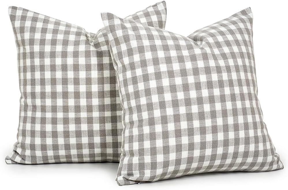 CARRIE HOME Outdoor Gray Plaid Christmas Pillow Covers 16x16 Set of 2, Light Grey and White Checkered Throw Pillows Covers, 16 x 16 Farmhouse Gingham Pillows Decorative Throw Pillows Covers for Couch