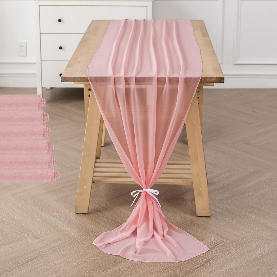 6Pack 10ft Chiffon Table Runner 29x120 Inch Sheer Romantic Table Runner for Wedding Birthday Party Bridal Shower Outdoor Decoration-Light Pink