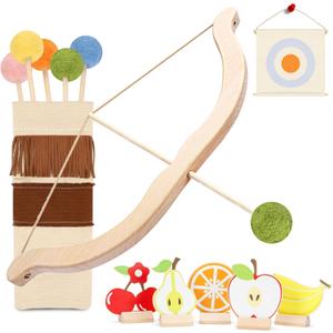 Wooden Kids Bow and Arrow Set - Safe for Ages 3+, Indoor & Outdoor Archery Gift Toys for Children, Boys & Girls, Includes 5 Arrows, 5 Fruit Targets, 1 Cotton Quiver