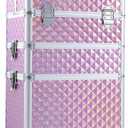 Adazzo 3 in 1 Professional Rolling Makeup Train Case Aluminum Trolley Case with 360° Rotation Wheels for Makuep Artist Cosmetic Suitcase Organizer with Lock and Key Diamond Pattern - Pink