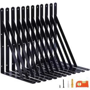 12-Pack 14 Inch Heavy Duty Shelf Brackets, Large Wall Bracket for Garage Storage Shelves, Black Powder-Coated Steel