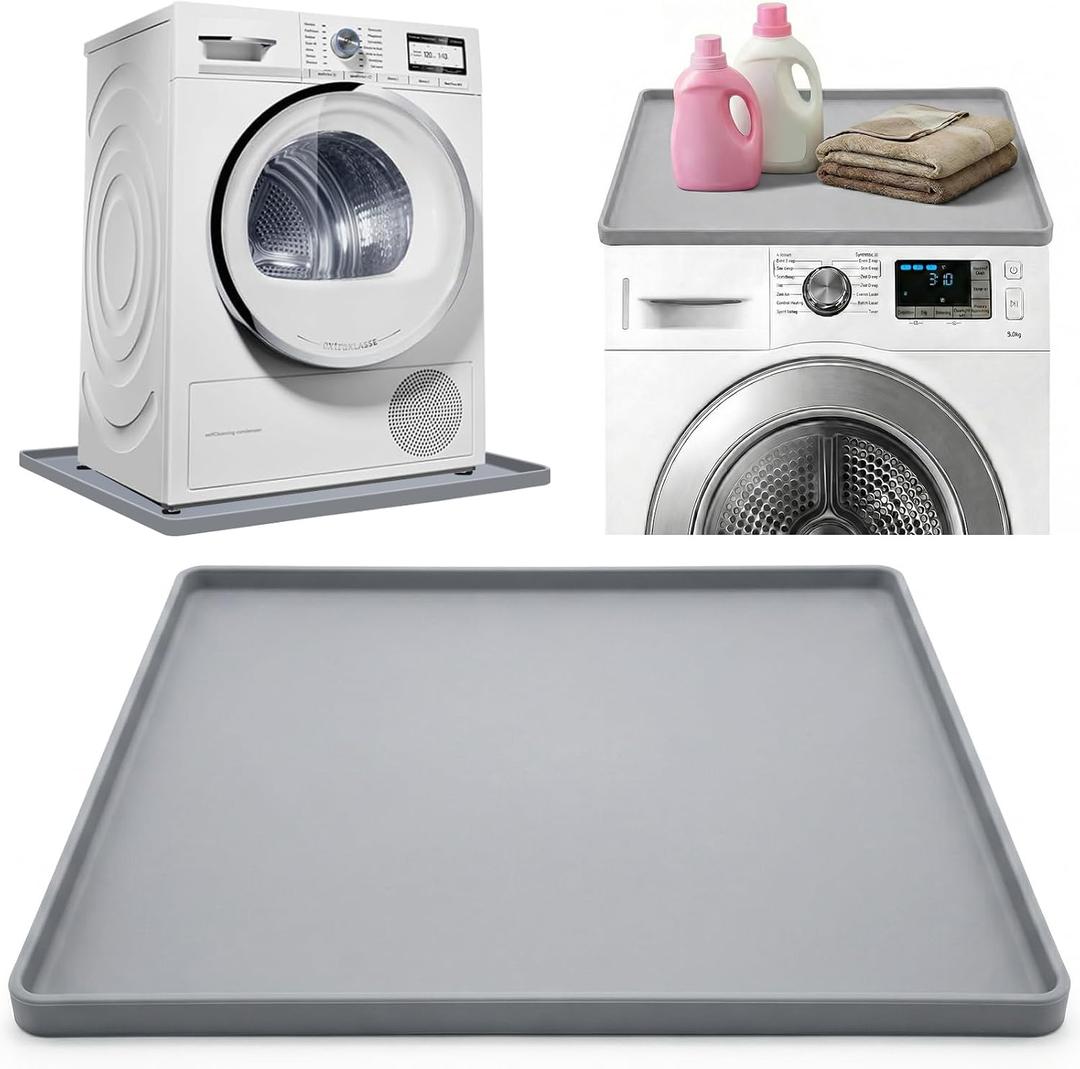 27x27 Inch Washing Machine Mat with Raised Edge for Under Washing Machine or Dryer  Non-Slip Soft Floor Mat to Catch Spills, Foldable Laundry Room Pad, Gray