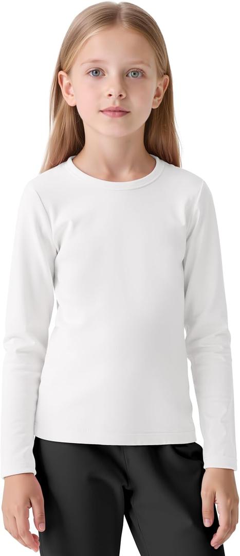 Resinta Girls Basic Long Sleeve Crew Neck Top Kids Layering Tees Casual Soft Solid Pullover T-Shirts 2-14 Years (White)