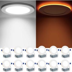Meconard 12 Pack 4 Inch 5CCT LED Canless Recessed Lighting with Night Light, 2700K/3000K/3500K/4000K/5000K Selectable Ultra-Thin LED Ceiling Lights, 9W=75W, 750LM, Dimmable Wafer Downlight ETL&FCC (White)