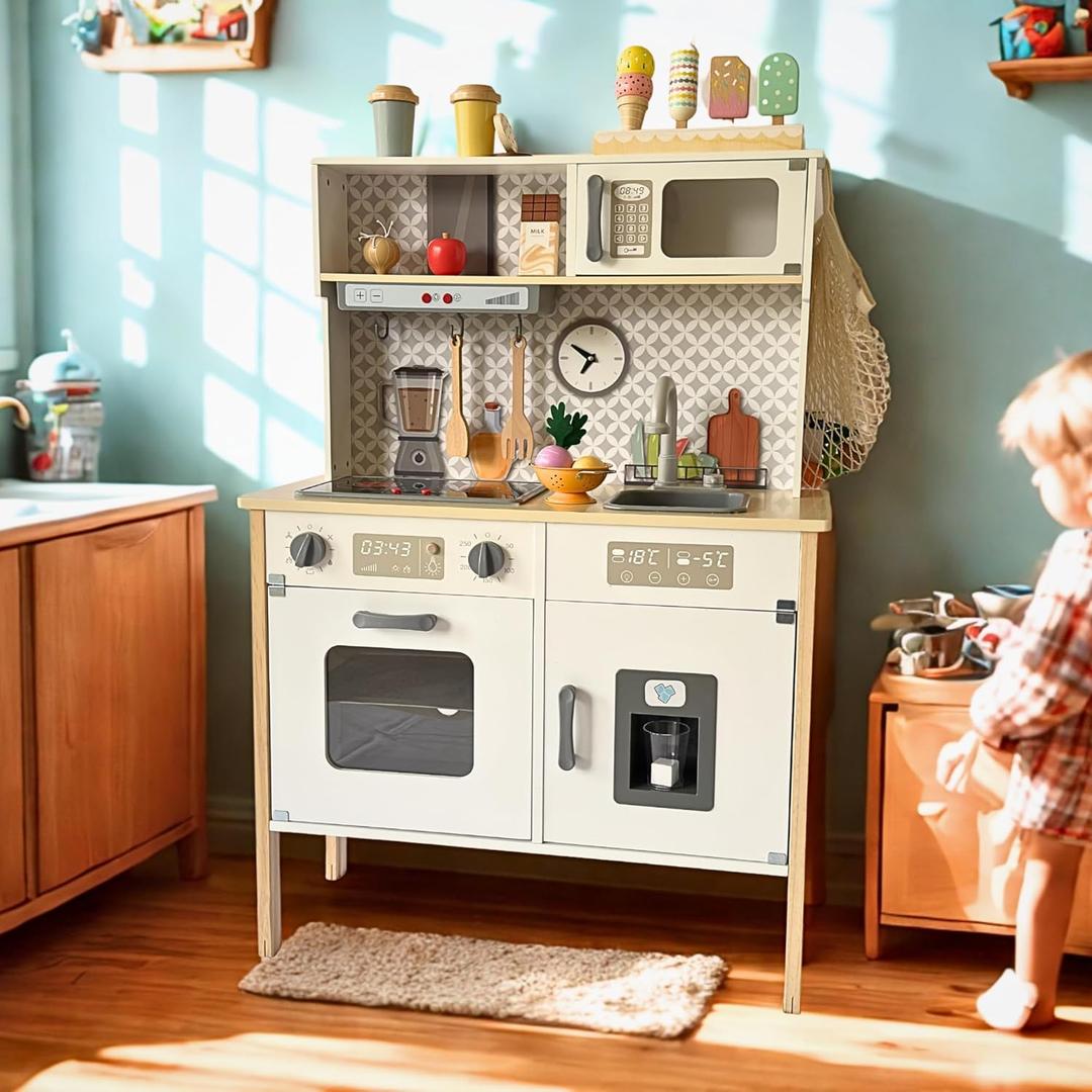 Wooden Play Kitchen for Kids with Working Sink & Faucet Toy  Montessori Sensory Pretend Playset for Toddlers 3-5  Interactive Kids Kitchen Playset with Lights & Sounds