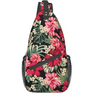 Vintage Elephant Sling Backpack Unisex Crossbody Chest Bag Shoulder Chest Bag For Women Men Hiking Travel (Hawaiian Hibiscus Flowers)