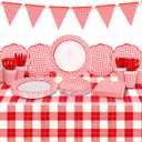 Gatherfun Gingham Red and White Party Supplies Disposable Paper Plates Napkins Cups Knives Spoons Forks Tablecloth Banner for Birthday Party Family Dinner Picnic Barbecue Mother's Day Party, Serve 25