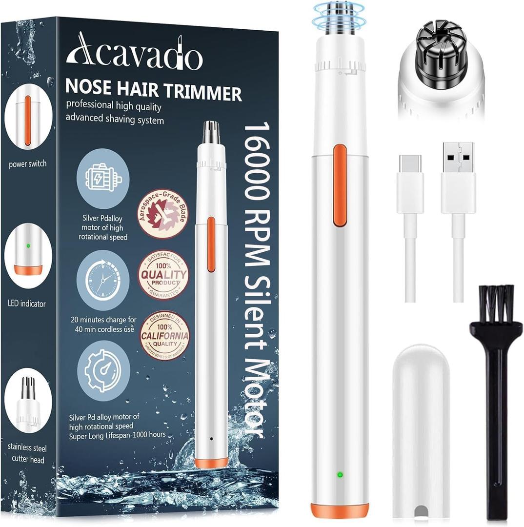 Acavado Nose Hair Trimmer for Men Women, Painless USB Rechargeable Nose Trimmer for Men, Eyebrow & Facial Hair Trimmer Dual Edge Blades for Smoother Cutting with IPX7 Waterproof, White