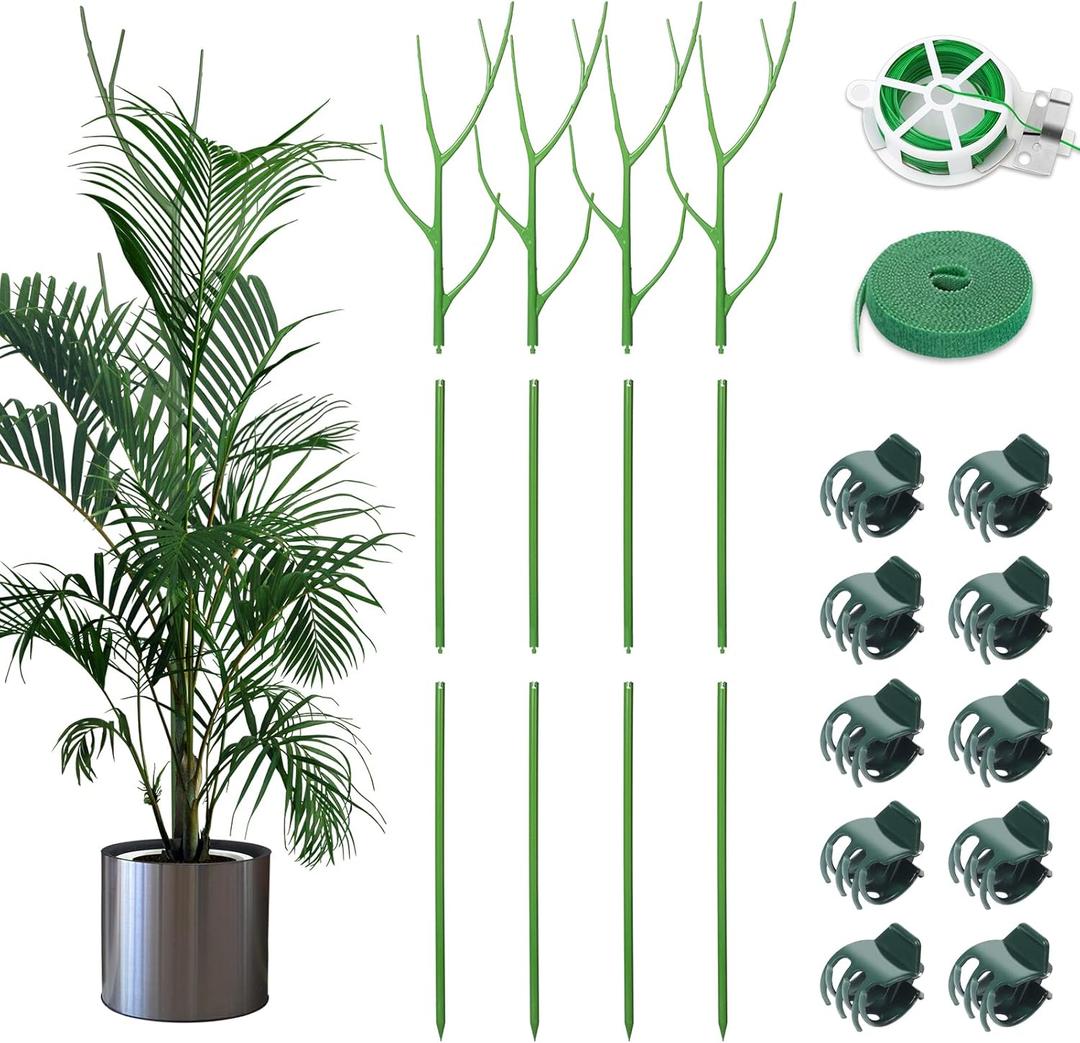 4 Pack 39.37" Detachable Twig Plant Support Stakes Set, Blends in to Plant, Branch Plant Sticks with Orchid Clips Twist Plant Ties, Twig Trellis for Indoor Outdoor Plants Potted Plants Flower (Green)