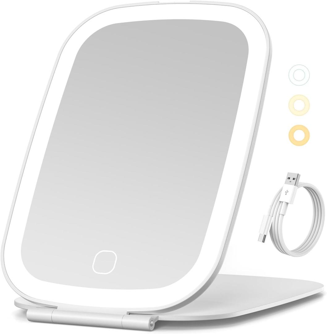 NEZZOE Travel Mirror with LED Light, Rechargeable Portable Lighted Makeup Mirror, 3 Lighting Modes Dimmable Touch Control, Foldable Compact Vanity Mirror for Travel Tabletop, 7x5 Inch