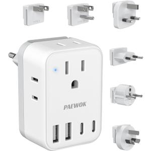 International Power Adapter Set, US to EU/UK/AUS/Japan Universal Travel Adapter- 4 AC Outlets 4 USB Ports (2 USB C), Worldwide Travel Plug Adapter Kit Include Type F/G/I/C/B/A Detachable Charger Plug