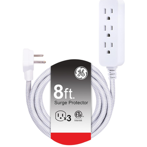 GE 3-Outlet Power Strip Surge Protector 8 Ft Braided Extension Cord with Multiple Outlets Grounded Flat Plug ETL Listed White 38433