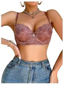 SweatyRocks Women's Floral Lace Bow Bra Spaghetti Strap Underwired Push Up Balconette. Coffee Brown 80C