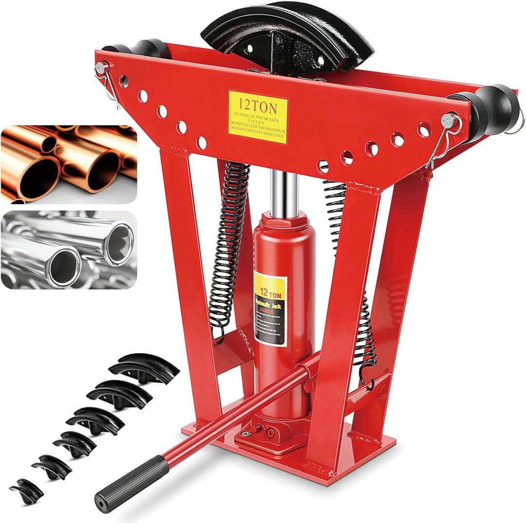 12 Ton Hydraulic Pipe Bender, Manual Copper Tubing Bender with 6 Dies (1/2",3/4",1",1-1/4",1-1/2",2"), 90-180 Adjustable Rollers for Steel Iron Metal Ratcheting
