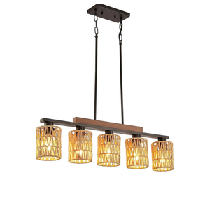 Boho Dining Room Light Fixture, 5-Light Rattan Chandelier, Farmhouse Woven Large Coastal Wicker Wood Bamboo Bohemian Rustic Rectangle Black Linear Pendant Lights Over Table for Kitchen Island