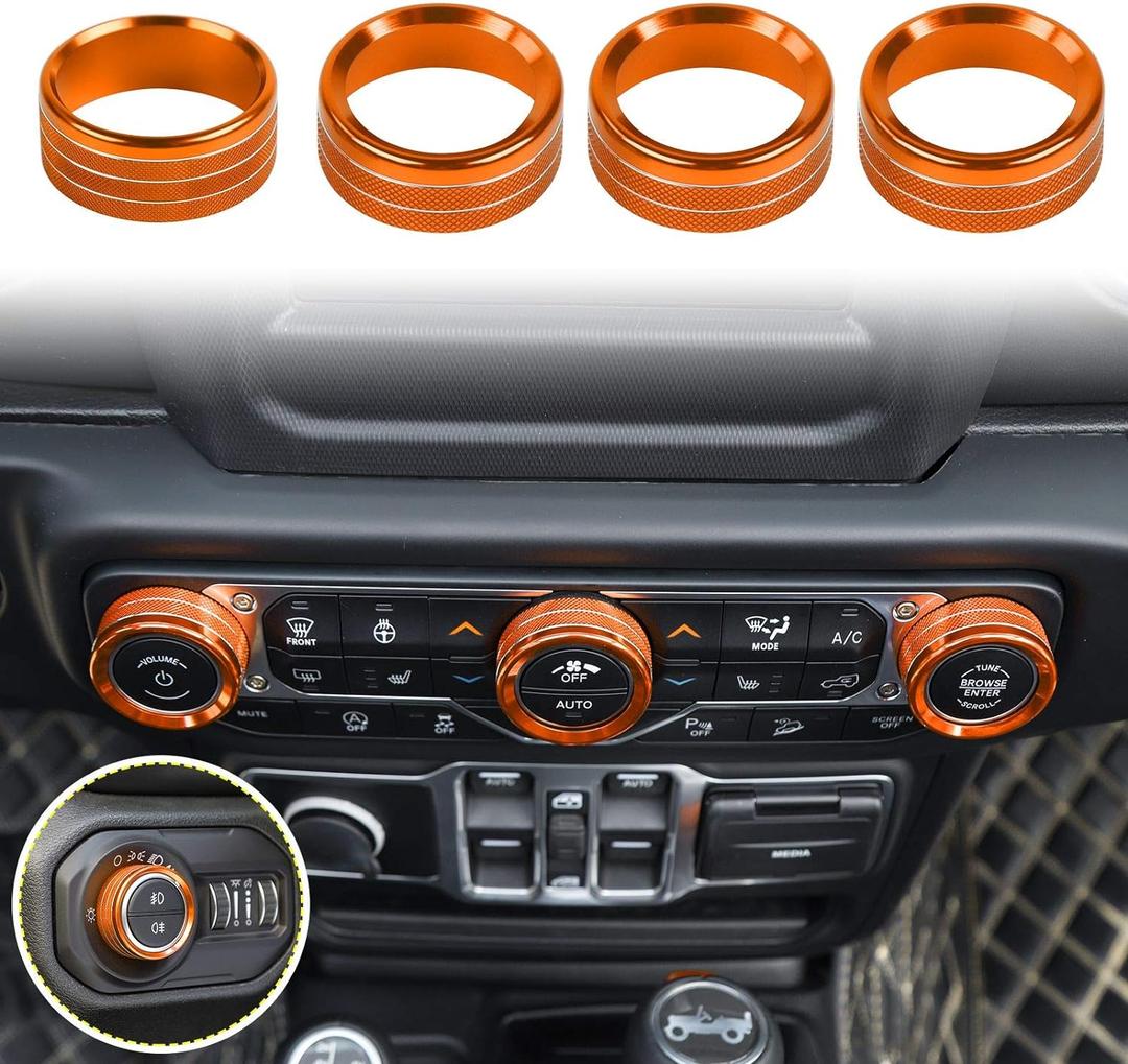 Voodonala Air Conditioner Headlight Center Consoles Switch Knob Cover Trim for 2018-2025+ Jeep Wrangler JL JLU Gladiator JT 4xe Interior Accessories Orange Aluminum Alloy 4pcs (Regular)