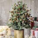 Janinka 12 Pieces 11.8 Inch Velvet Christmas Picks Green Brown and Linen Xmas Ball Picks Neutral Textured Tree Decoration Xmas Branches Hanging Decoration Wreath Home Office Party Ornament