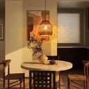 9.8" Mini Boho Rattan Chandelier Light Fixture, 1-Light Hand Woven Wicker Pendant Lights Kitchen Island Farmhouse Rustic Hanging Lamp for Dining Room, Bedroom, Nursery, Entryway, Foyer