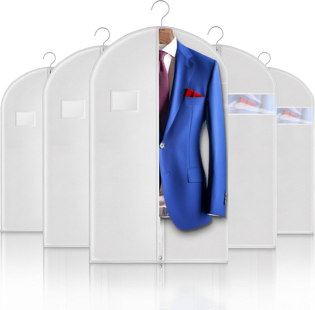 5 Pack 40-inch Suit Bag Garment Bag for Travel and Storage, Garment Bags for Hanging Clothes with Zipper and Visible Transparent Window, White