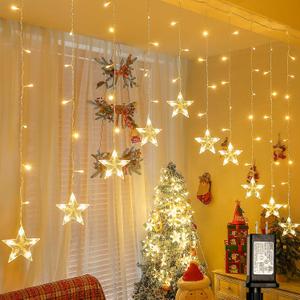 woohaha 118LED Star Icicle Lights,11.5 FT Window Curtain Light Plug in,8 Modes Timer Hanging String Lights,Warm White Star Christmas Lights for Bedroom,Indoor Outdoor,Party,Wedding,Xmas Decorations