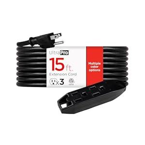 UltraPro 15 Ft Indoor Extension Cord 3 Outlet Power Strip Long Extension Cord with Multiple Outlets Grounded Heavy Duty 16 Gauge ETL Listed Black 50786