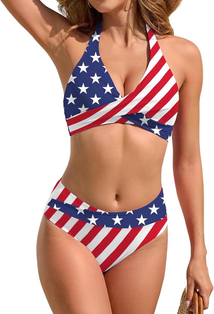 TASHEHE Women's Bikini Set High Waisted Twist Swimsuit Colorblock Halter Two Piece Bathing Suit (Large, 432 / American Flag / 4th of July) TASHEHE Women's Bikini Set High Waisted Twist Swimsuit Colorblock Halter Two Piece Bathing Suit (Large, 432 / American Flag / 4th of July)