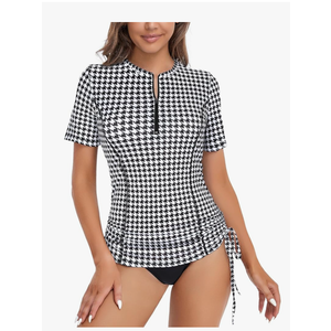 LURANEE Women's Short Sleeve Rash Guard Shirts UPF 50+ Side Adjustable Wetsuit Swimsuit Top (Black Houndstooth, Small)