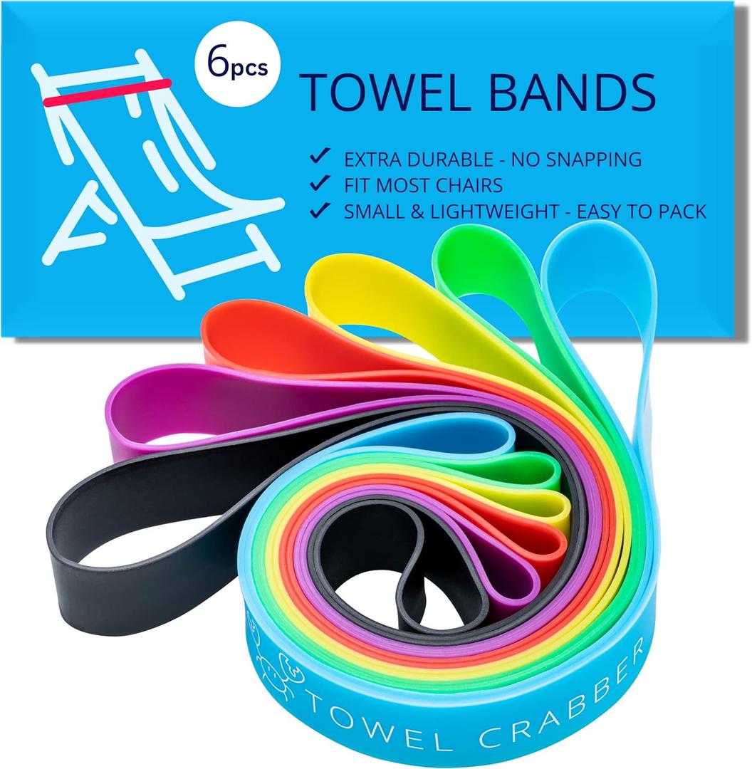Towel Bands (6-Pack), Beach, Pool & Cruise Chairs, Extra Durable, No Snapping, Cruise Ship & Beach Essentials, Great Alternative to Beach Towel Clips (Red, Blue, Black, Green, Yellow, Purple)