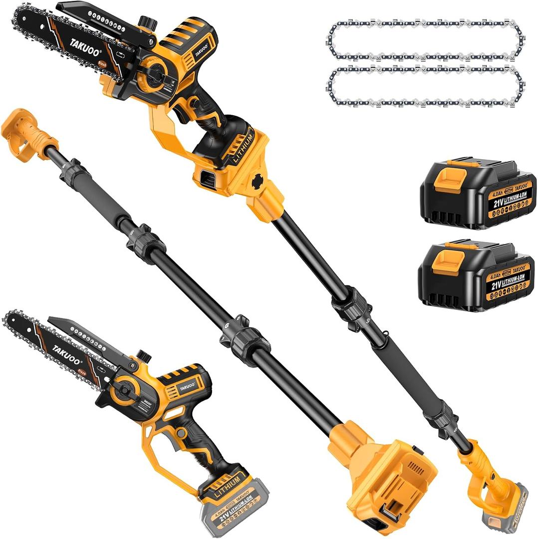 Takuoo 2-IN-1 8 Inch Electric Pole Saw, Mini Chainsaw Cordless with Extension Pole, 21V 24.0Ah Battery Powered Polesaw, 15FT Max Reach, Brushless Chain Saw for Limb Branch Cutter Tree Trimming
