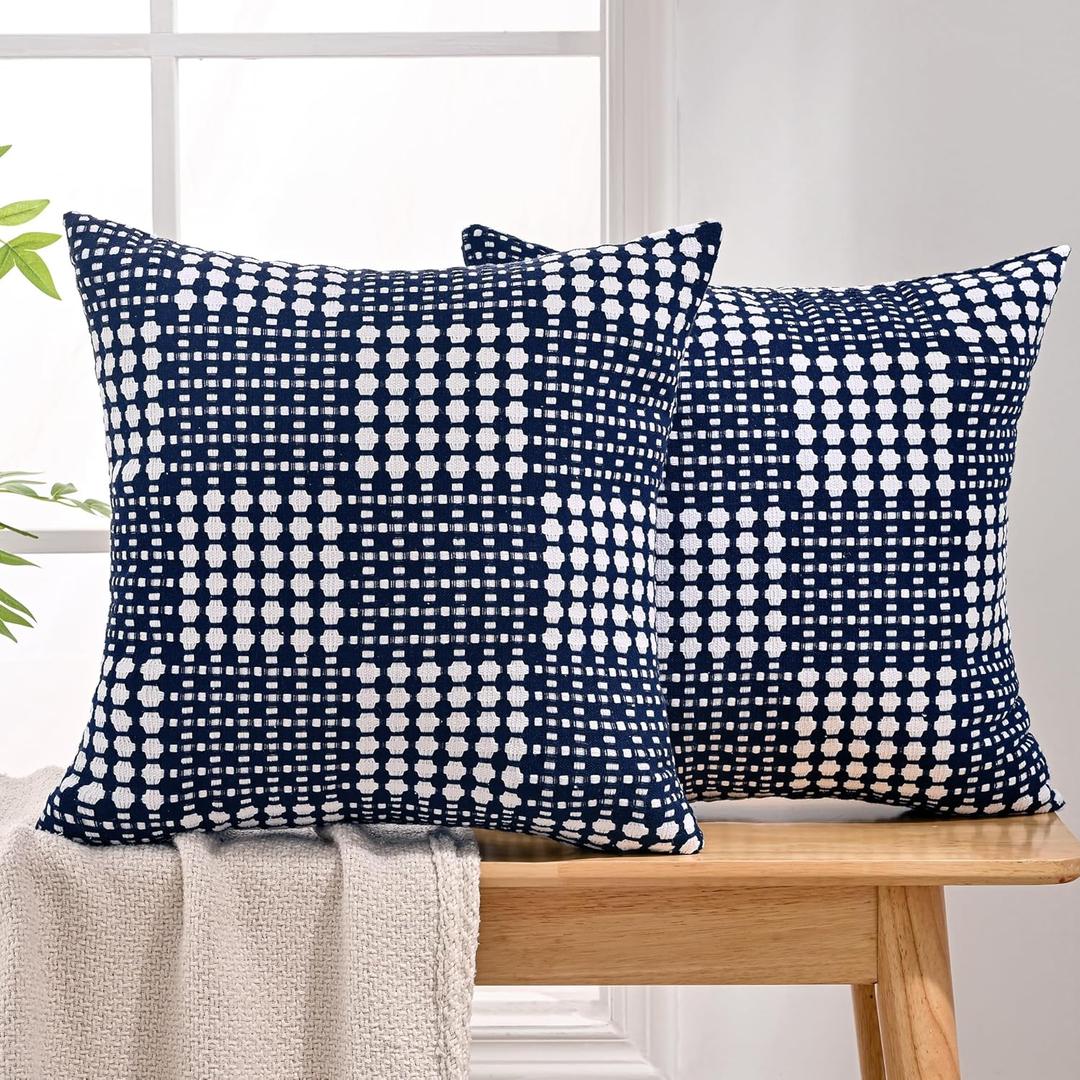 JELLYMONI Pack of 2 Decorative Plaid Linen Throw Pillow Covers Farmhouse Christmas Pillowcovers Rustic Woven Textured Boho Pillowcase for Sofa Couch Bed (Blue, 18x18in)
