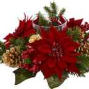 Nearly Natural Poinsettia, Berry and Golden Pine Cone Candelabrum Artificial Silk Arrangements Red 6"D x 14"W x 14"H
