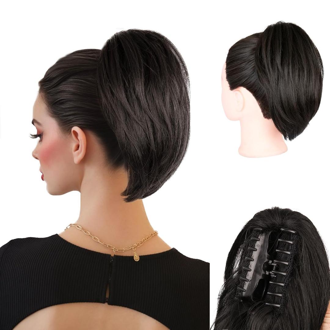 10 Inch Short Ponytail Extension - Soft Straight Pony Tails Hair Extensions, Claw Clip Ponytail Extension, Natural Short Hair Extensions Ponytail, Synthetic Hair Pieces for Women (Color: Black Brown)