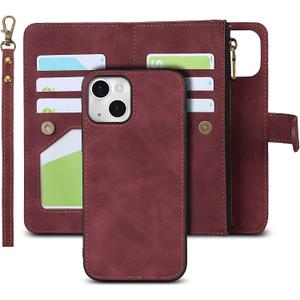 iCoverCase Compatible with iPhone 13 Wallet Phone Case with Card Holder, PU Leather Zipper Pocket Magnetic Detachable Flip Case with Wrist Strap (Claret)