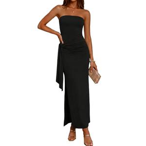 AWASIR Women's Bodycon Long Dresses Strapless Tube Top Side Slit Maxi Dress Black S