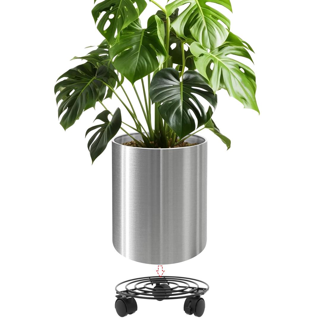 LONGRUNNEW 12 Inch Stainless Steel Plant Pot, Modern Cylindrical Flower Planter for Indoor & Outdoor Use, Includes Tray with Universal Wheels - Curved Border