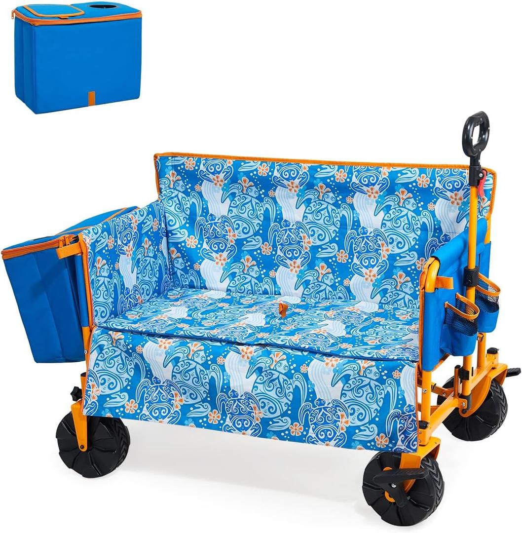 Old Bahama Bay 500lbs Capacity Heavy Duty 3-in-1 Wagon Bench Seat & Utility Folding Cart,Love-Seat with 31L Cooler Bag, Adjustable Handle  for Beach, Camping, Sports