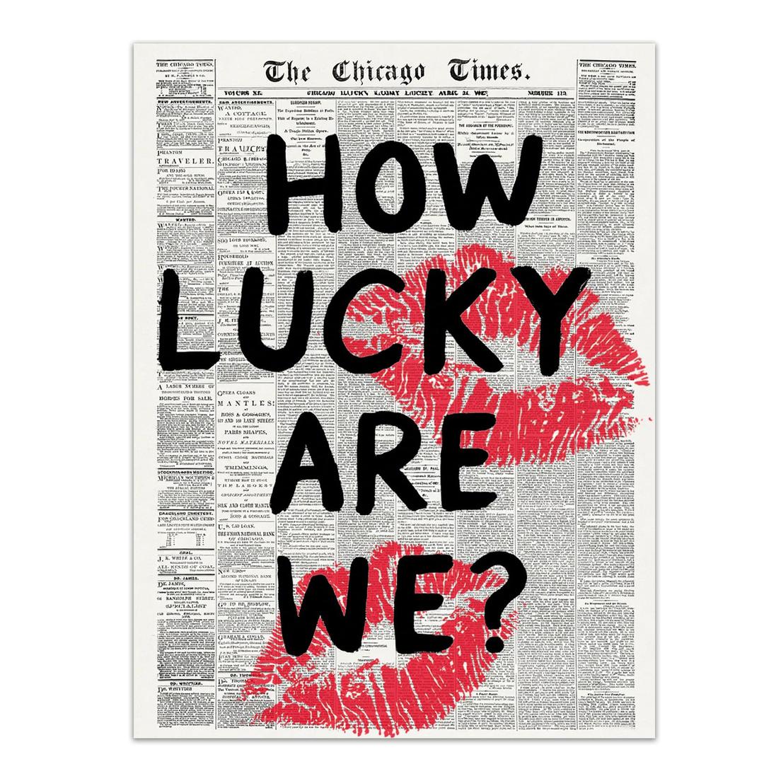 Quendarlix How Lucky Are We Canvas Wall Art – Vintage Newspaper Print with Red Lips, Black Text – Retro Preppy Wall Decor for Bedroom, Dorm, or Apartment 1216 in Unframed