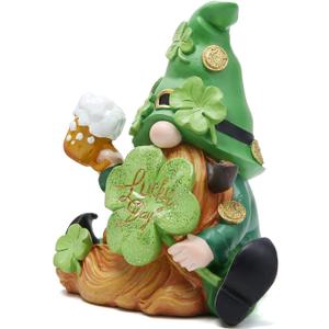 Hodao St. Patricks Day Leprechaun Gnome Figurine, Hand-Painted Resin Lucky Irish Decor with Shamrock and Beer Mug, 6 Inch Tabletop Ornament for St Paddys Day Home, Shelf, Mantel Gift (Set of 1)