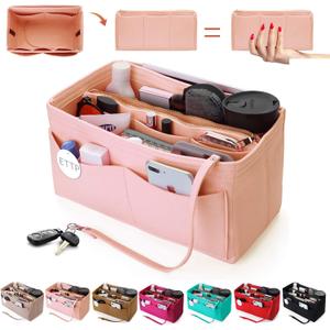 Purse Organizer Insert, Felt Tote Organizer Insert With Metal Zipper, Handbag Organizer For Speedy, Neverfull, Tote, Handbag, 7 Colors 5 Sizes (Medium, Brush Pink)