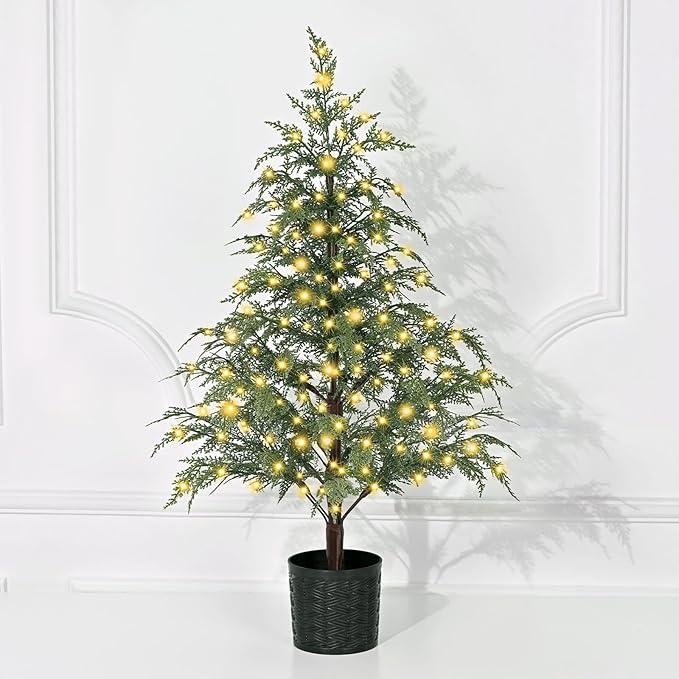 Waipfaru Small Christmas Tree with Lights, 3 FT Pre-Lit Mini Christmas Tree Potted, Artificial Real Touch Realistic Cedar Xmas Trees for Front Porch Outdoor Indoor Garden Farmhouse Home Decor